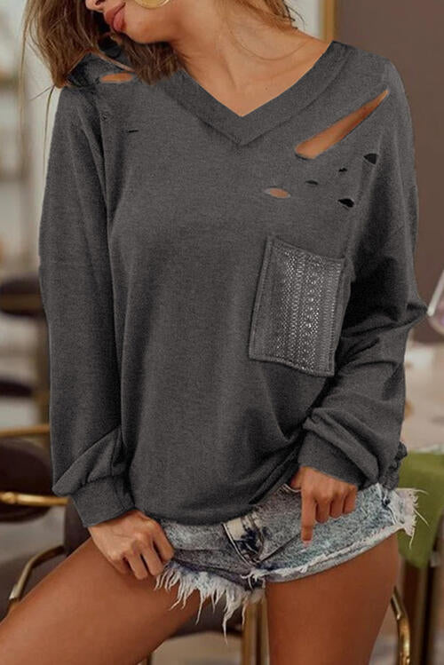 Distressed V-Neck Long Sleeve T-Shirt With Pockets