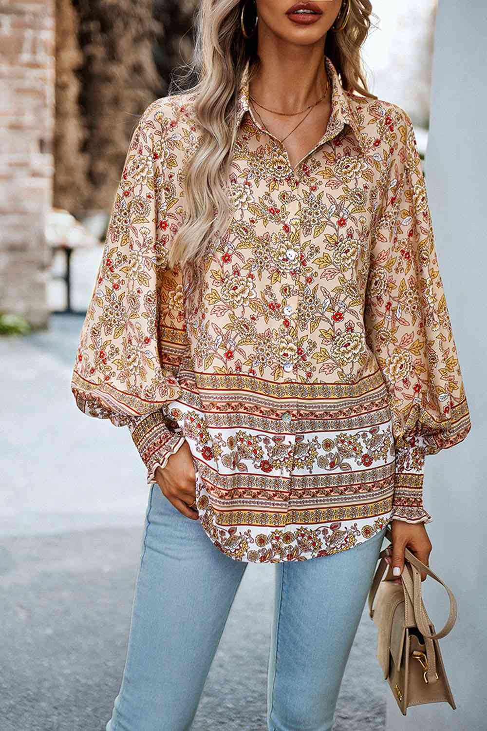 Printed Collared Neck Smocked Lantern Sleeve Shirt