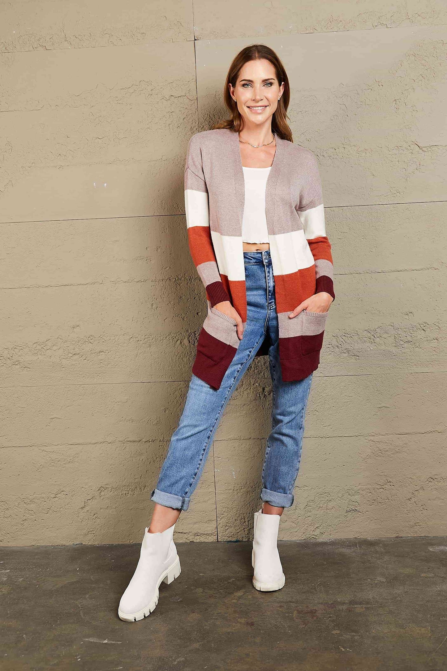 Woven Right Color Block Open Front Ribbed Cuff Cardigan with Pockets