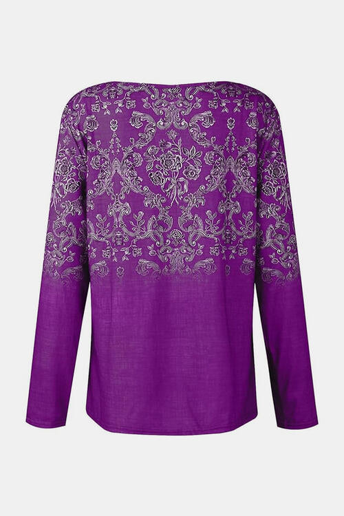 Printed Notched Long Sleeve T-Shirt