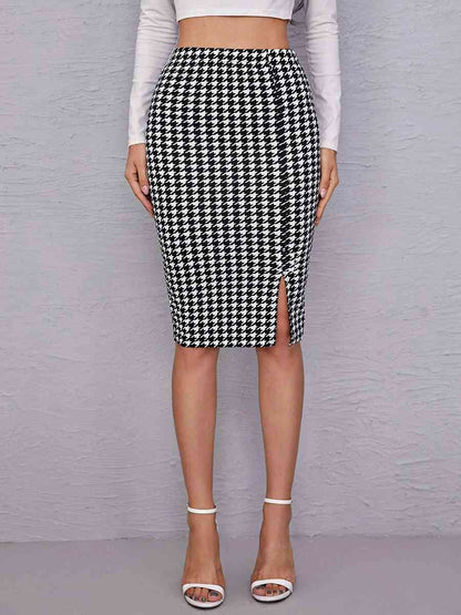 Houndstooth Slit Knee-Length Skirt