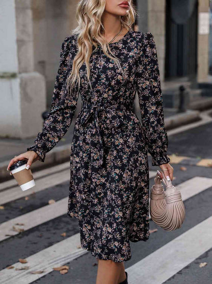 Printed Tie Belt Balloon Sleeve Dress - Create the impossible