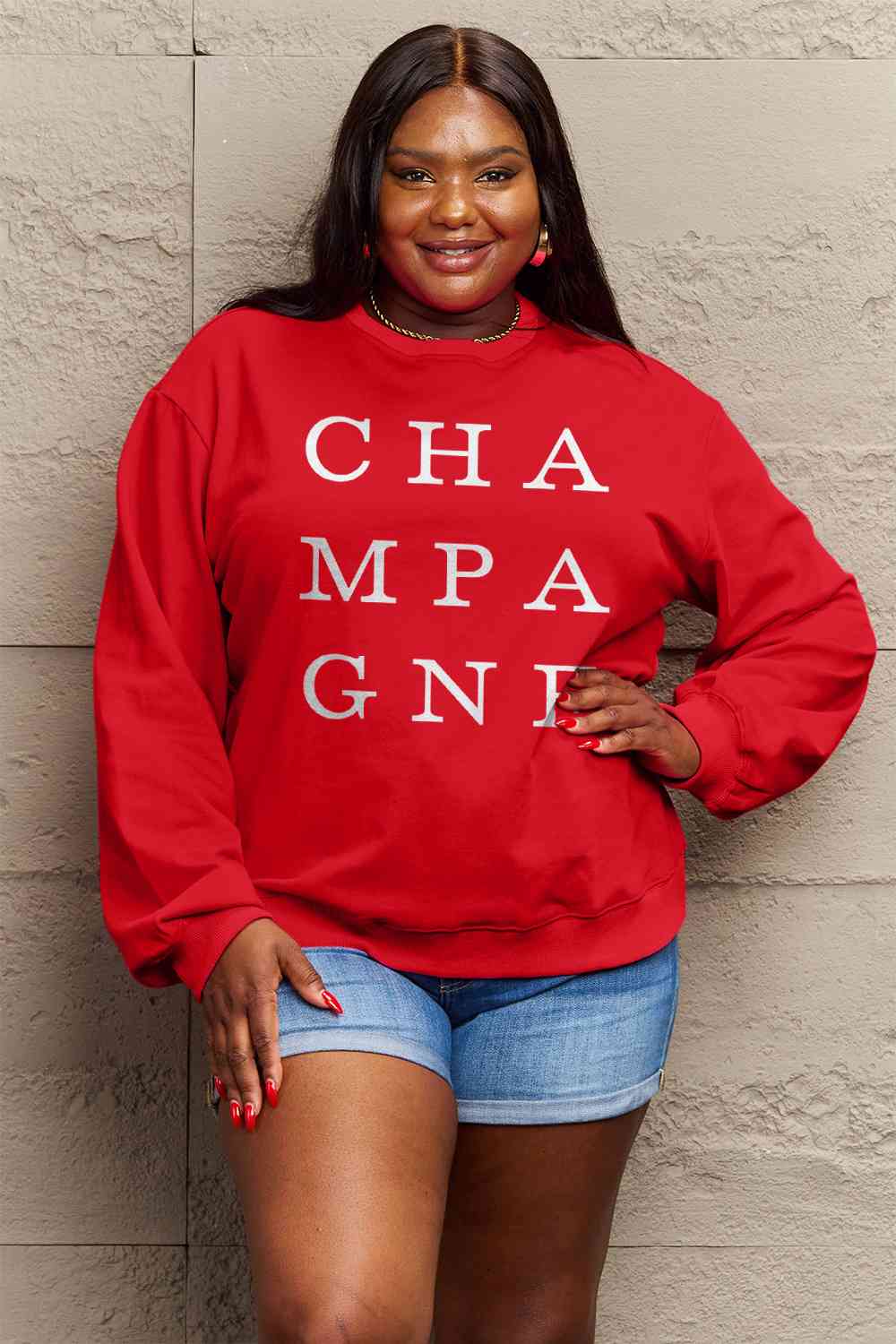 Simply Love Full Size CHAMPAGNE Graphic Long Sleeve Sweatshirt