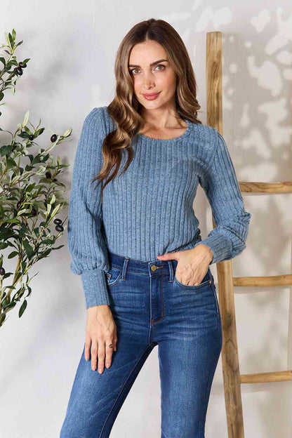 Double Take Ribbed Round Neck Lantern Sleeve Blouse - Create the impossible