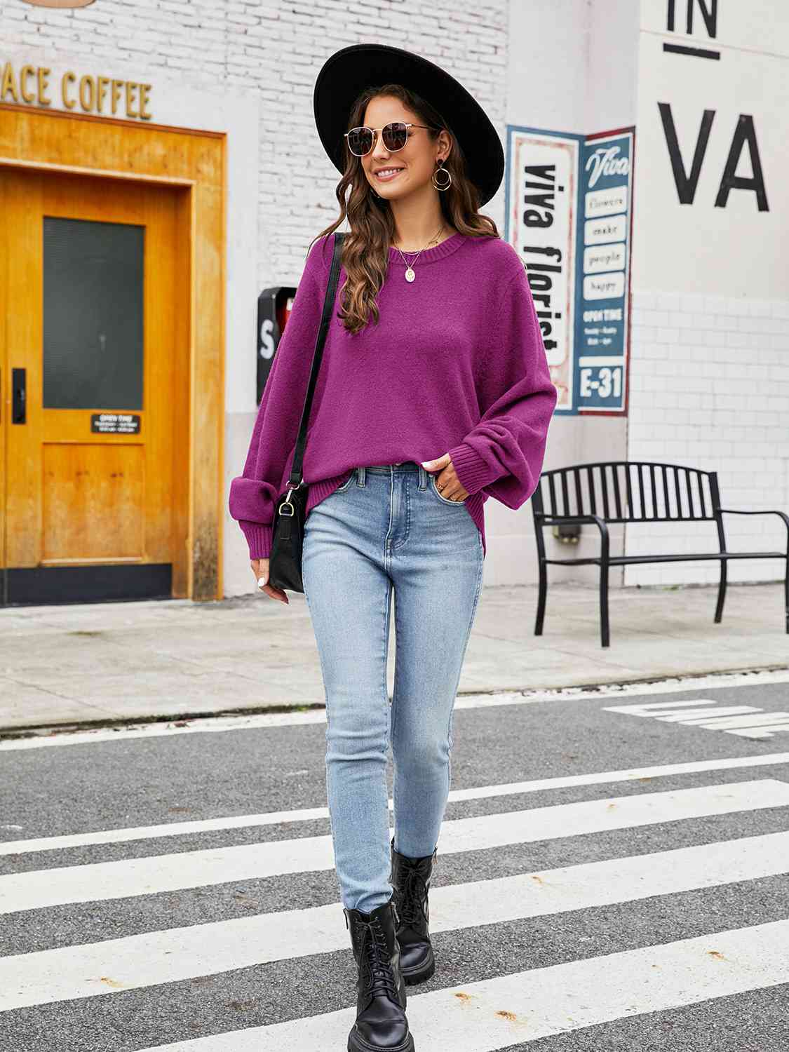 Round Neck Ribbed Trim Sweater