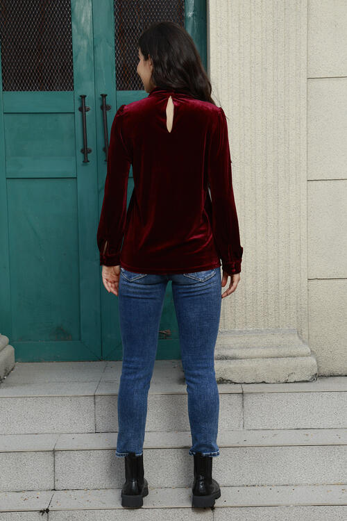 Cutout Puff Sleeve Velvet Blouse - Create the impossible