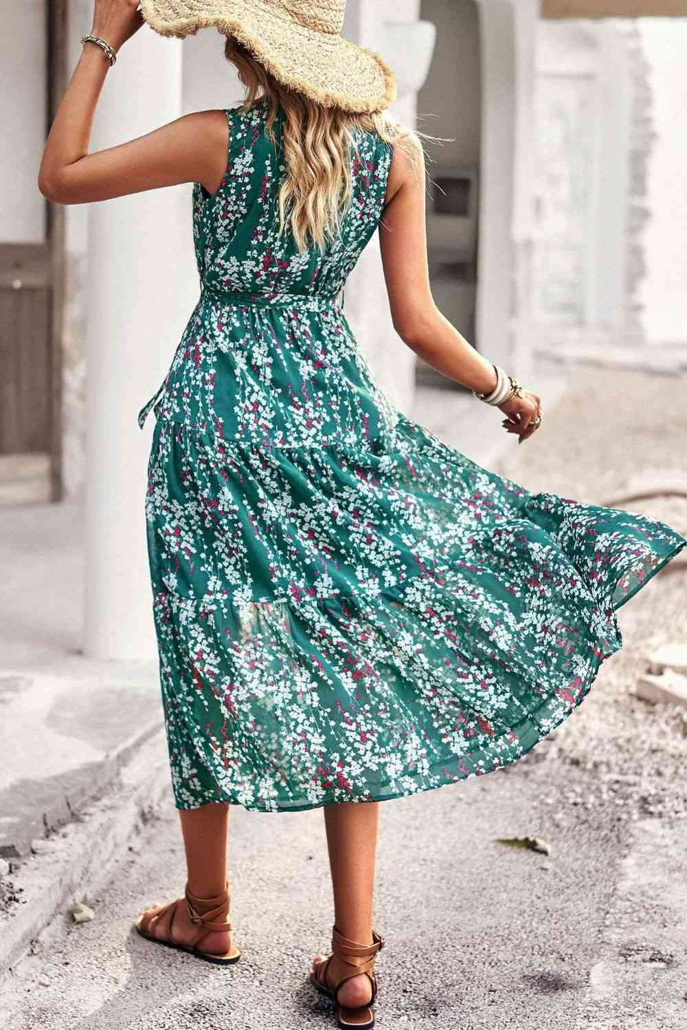 Floral Belted Surplice Sleeveless Tiered Dress