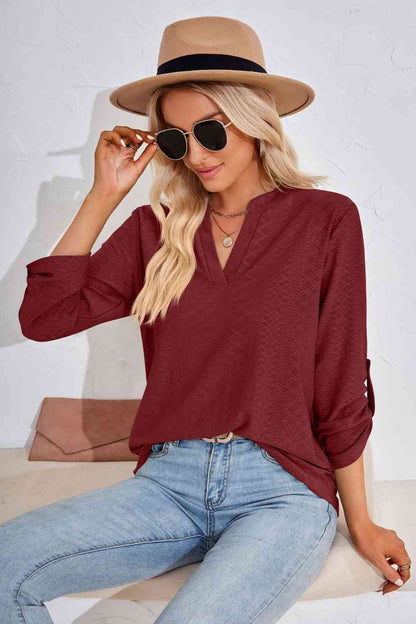 V-Neck Roll-Tap Sleeve Blouse - Create the impossible