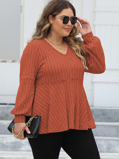 Plus Size Ribbed V-Neck Long Sleeve Blouse - Create the impossible