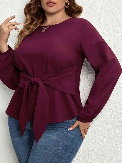 Plus Size Tie Front Long Sleeve Blouse - Create the impossible