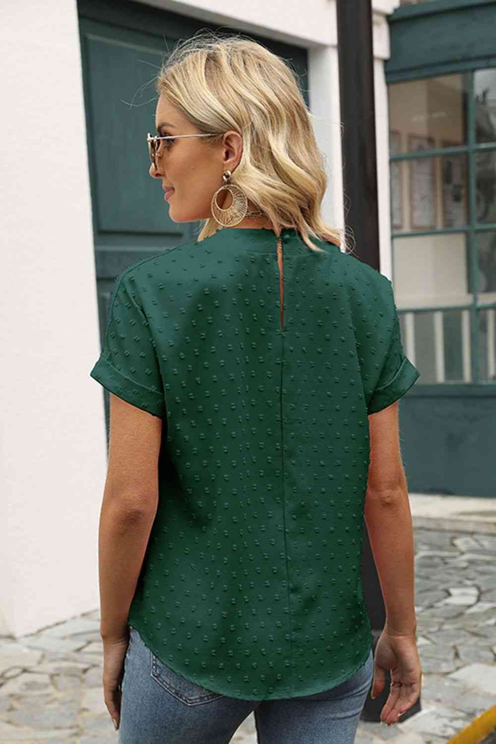 Swiss Dot Round Neck Short Sleeve Blouse - Create the impossible