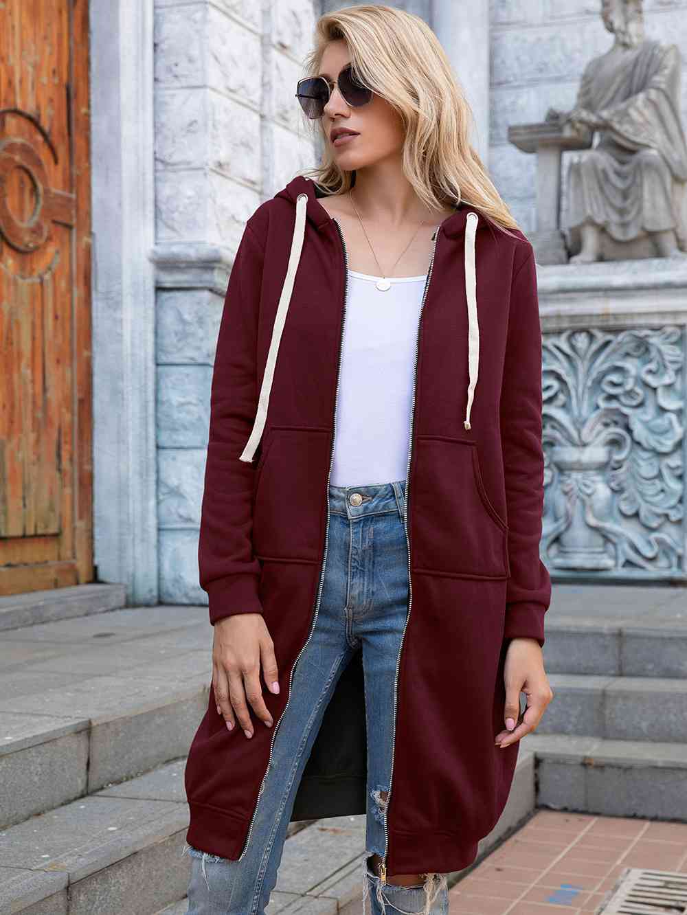 Zip-Up Longline Hoodie with Pockets - Create the impossible