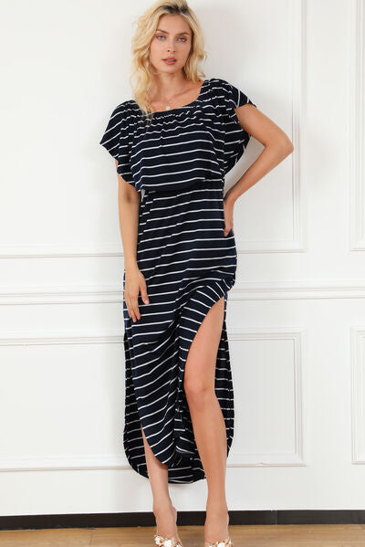 Striped Off-Shoulder Slit Dress