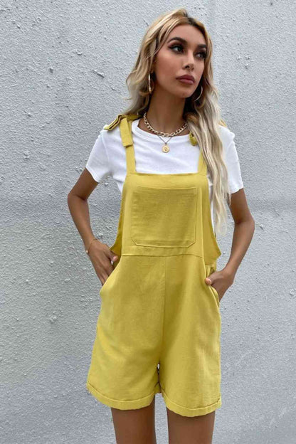 Tie Cuffed Short Overalls with Pockets