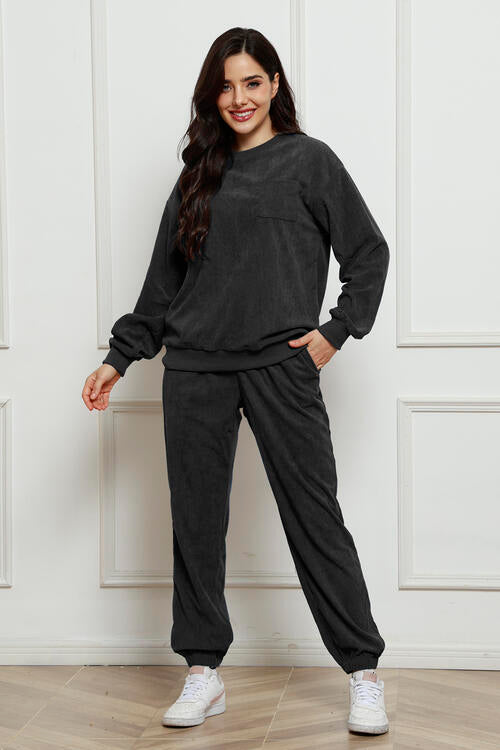 Corduroy Round Neck Sweatshirt and Sweatpants Set - Create the impossible