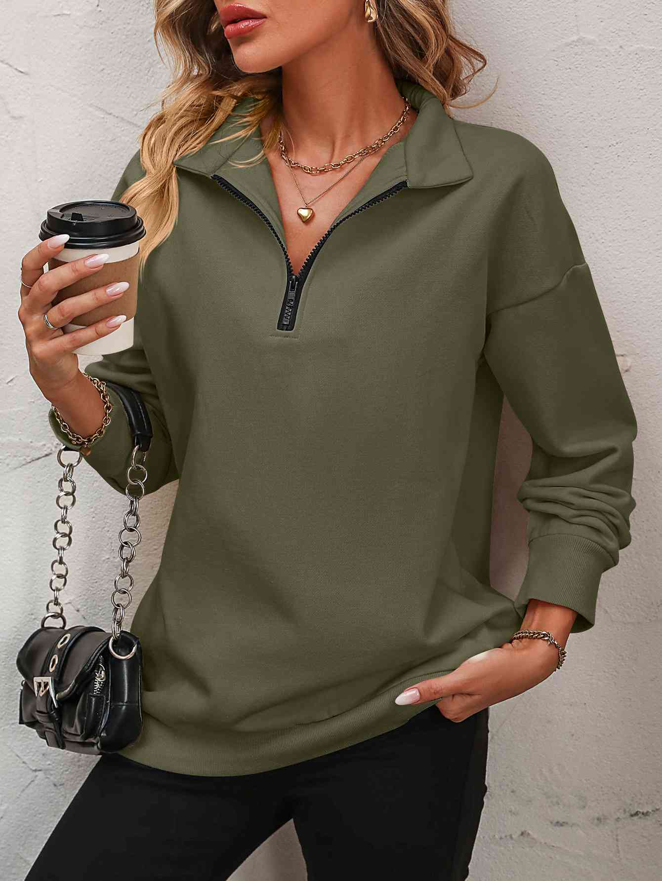 Zip-Up Dropped Shoulder Sweatshirt - Create the impossible