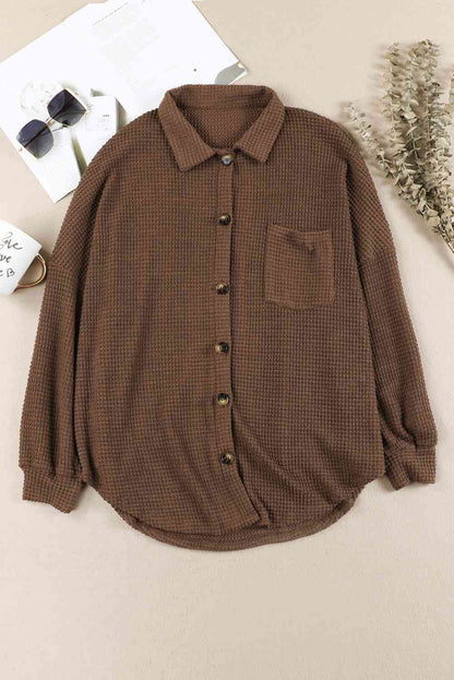 Waffle-Knit Button Up Long Sleeve Shirt with Pocket