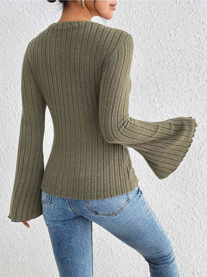 Ribbed Round Neck Flare Sleeve Top - Create the impossible