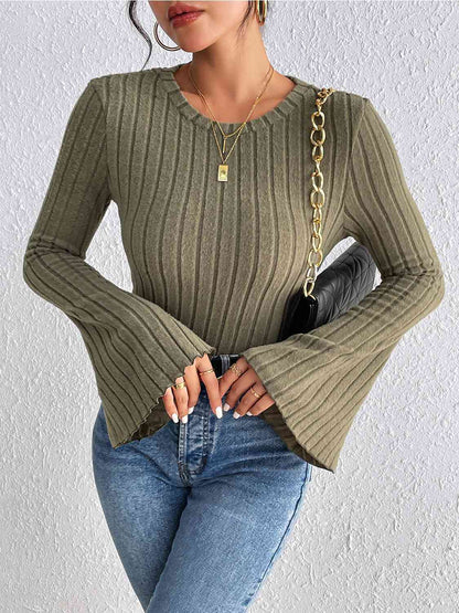 Ribbed Round Neck Flare Sleeve Top - Create the impossible