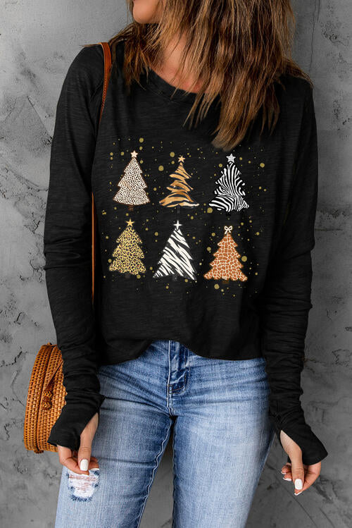 Christmas Tree Graphic Round Neck Long Sleeve T-Shirt