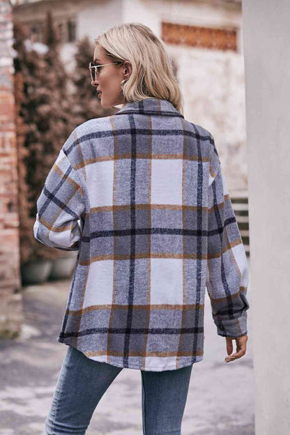 Plaid Long Sleeve Shirt Jacket with Pockets