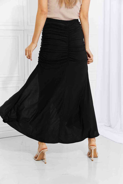 White Birch Full Size Up and Up Ruched Slit Maxi Skirt in Black