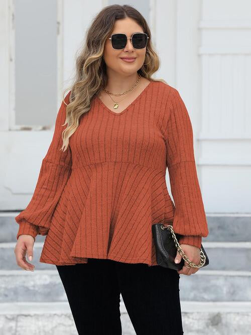 Plus Size Ribbed V-Neck Long Sleeve Blouse - Create the impossible