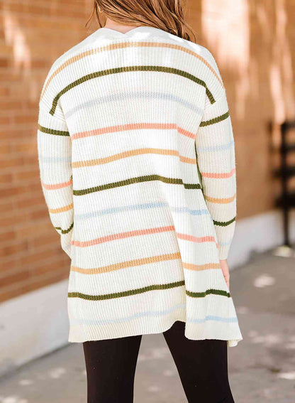 Woven Right Striped Rib-Knit Open Front Pocketed Cardigan