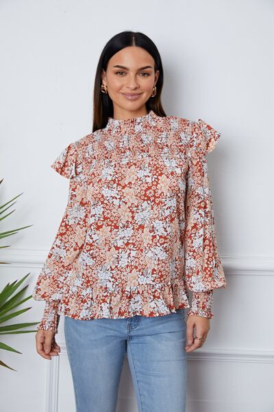 Floral Smocked Lantern Sleeve Ruffled Blouse - Create the impossible