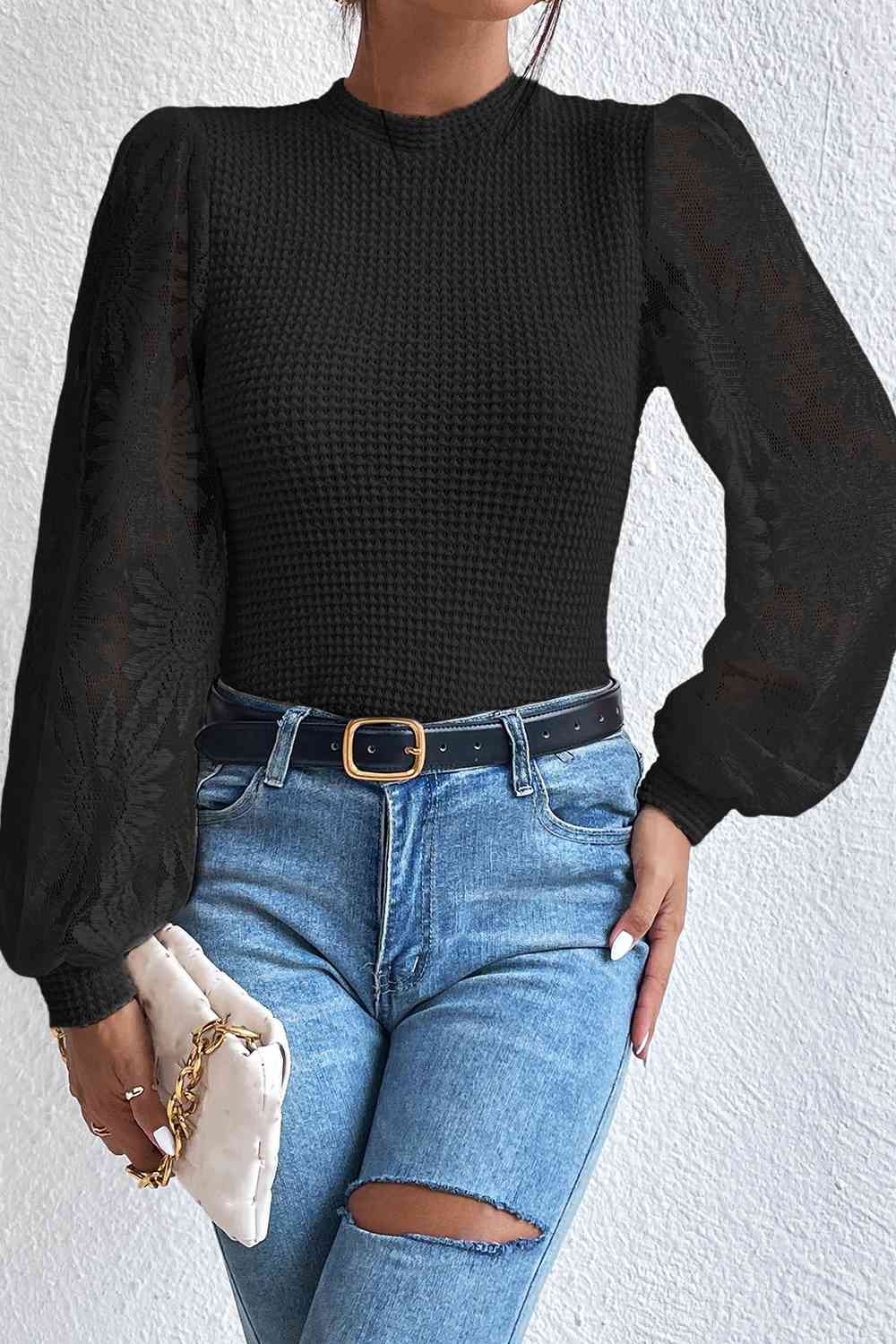 Floral Lace Detail Lantern Sleeve Blouse - Create the impossible