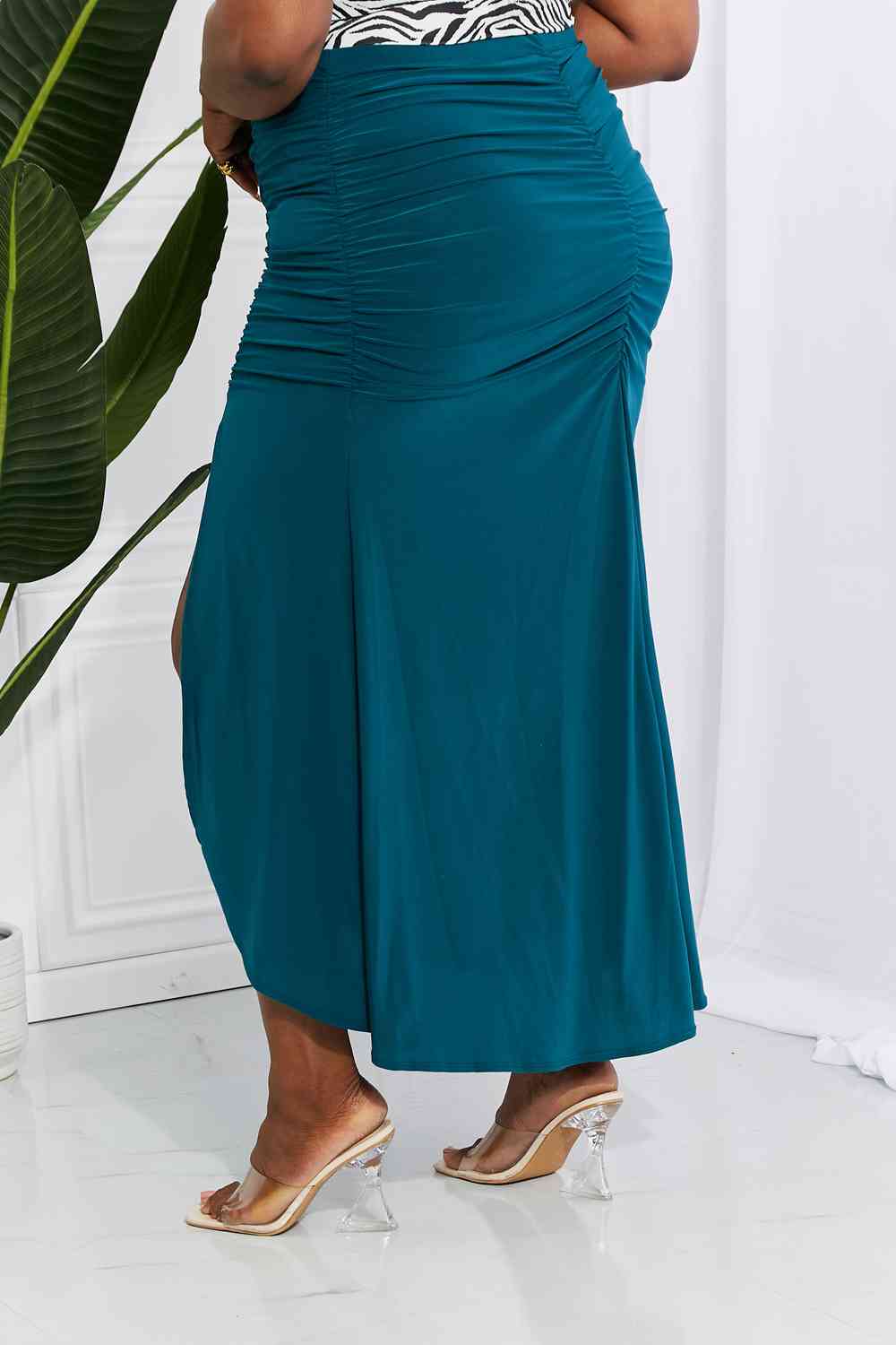 White Birch Full Size Up and Up Ruched Slit Maxi Skirt in Teal