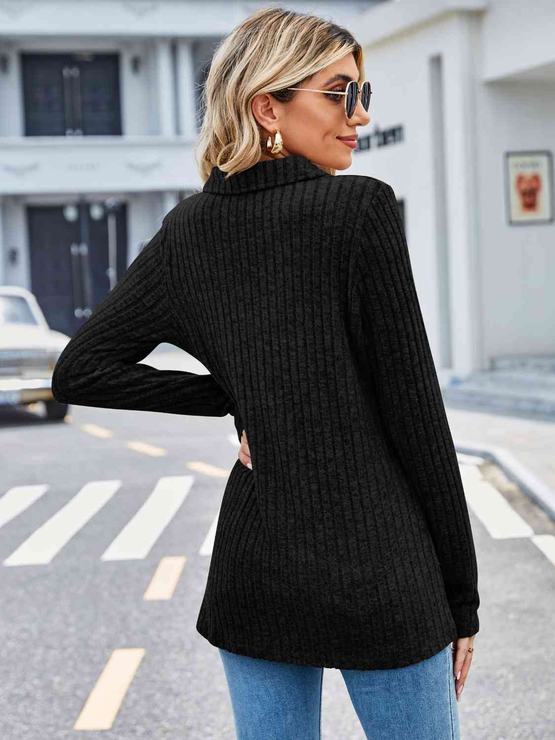 Ribbed Notched Long Sleeve T-Shirt with Pocket