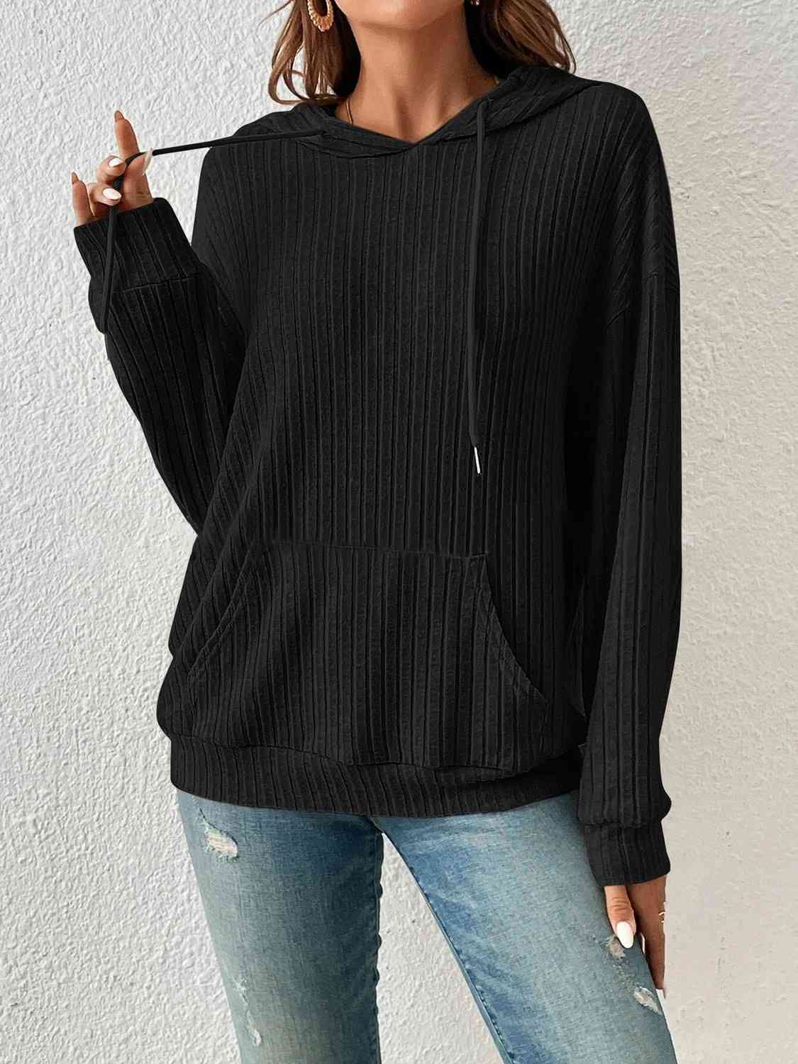 Ribbed Dropped Shoulder Drawstring Hoodie - Create the impossible