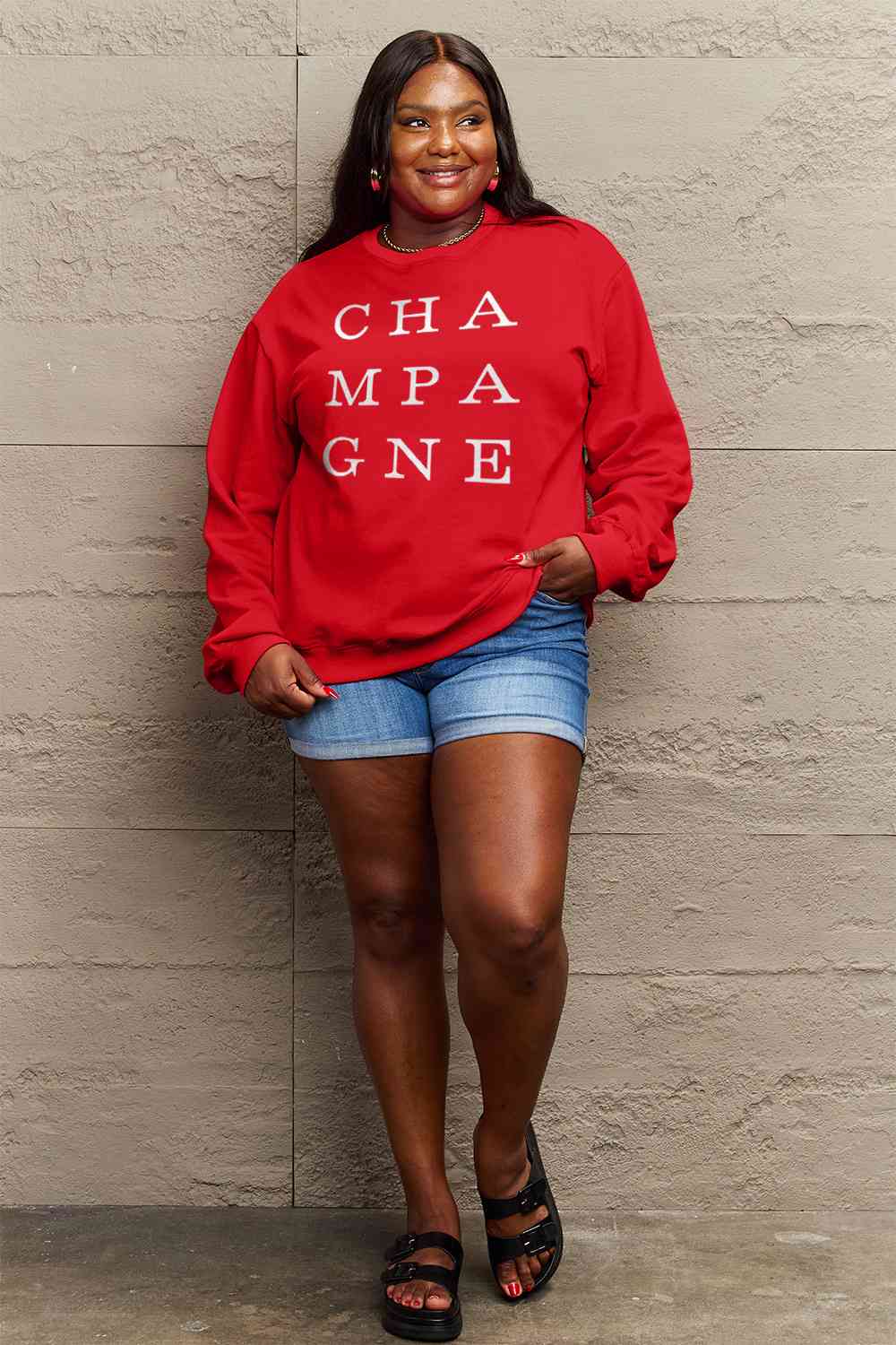 Simply Love Full Size CHAMPAGNE Graphic Long Sleeve Sweatshirt