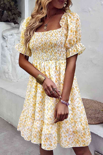 Floral Smocked Square Neck Flounce Sleeve Dress