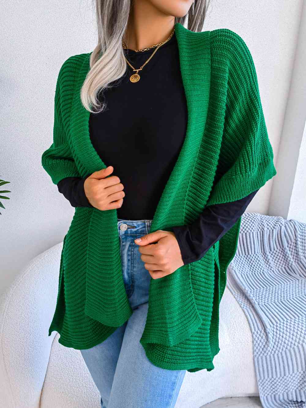 Horizontal Ribbing Open Front Slit Cardigan