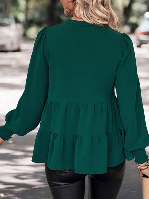 Notched Neck Lantern Sleeve Blouse - Create the impossible