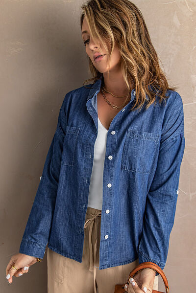 Pocketed Button Up Collared Neck Denim Top