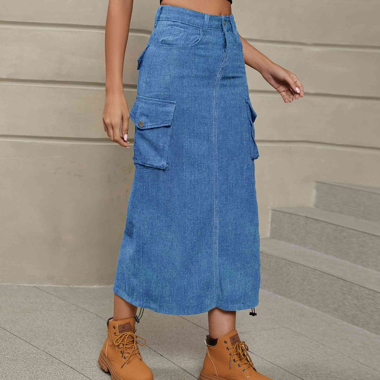 Drawstring Ruched Slit Denim Midi Skirt - Create the impossible