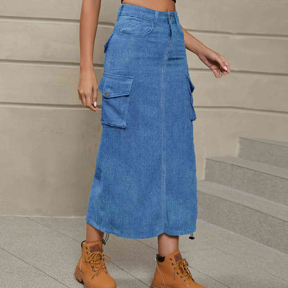 Drawstring Ruched Slit Denim Midi Skirt - Create the impossible