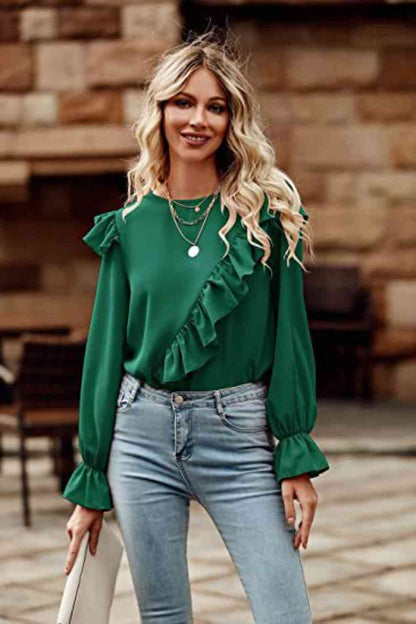 Ruffled Round Neck Long Sleeve Top - Create the impossible
