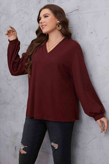 Melo Apparel Plus Size V-Neck Dropped Shoulder Blouse - Create the impossible