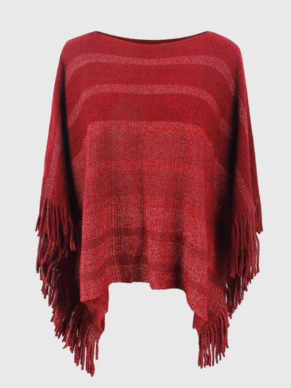 Striped Boat Neck Poncho with Fringes