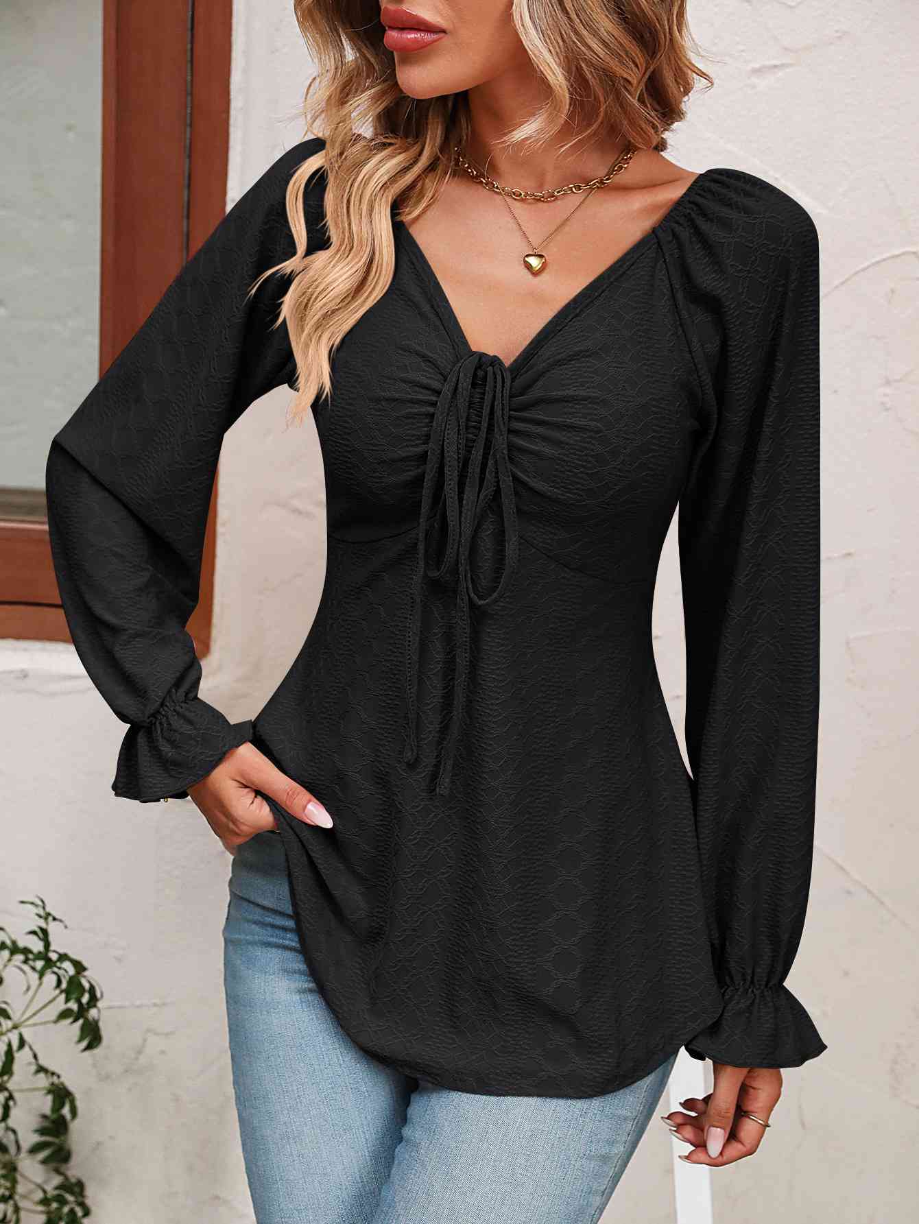 Tie Front V-Neck Puff Sleeve Blouse - Create the impossible