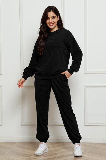 Corduroy Round Neck Sweatshirt and Sweatpants Set - Create the impossible