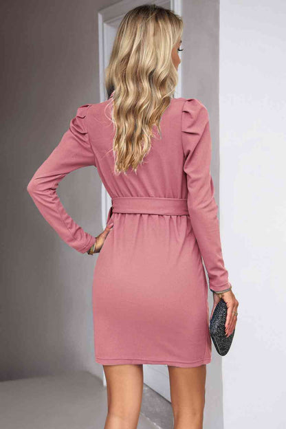 Tie Waist Long Puff Sleeve Dress