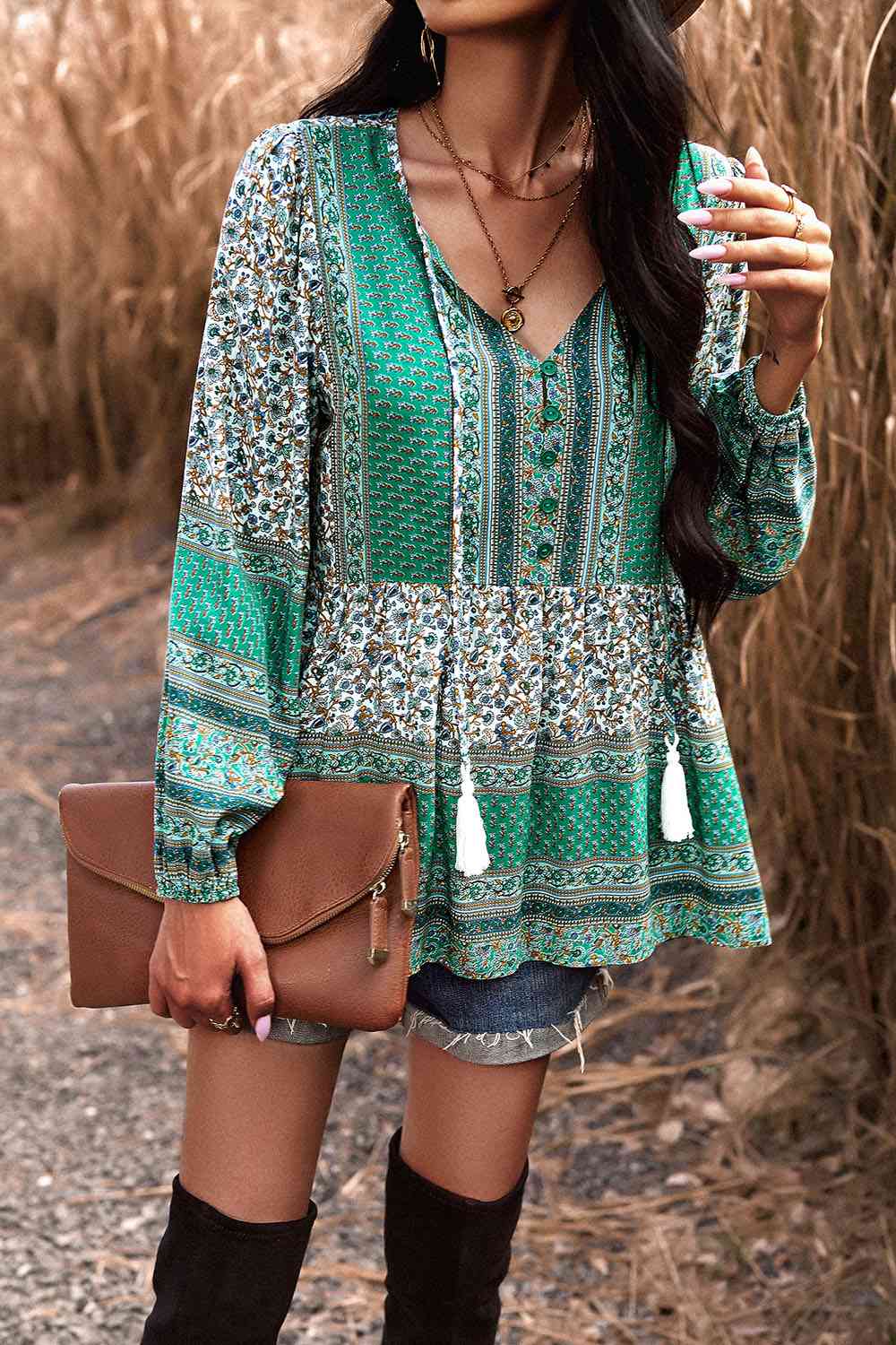 Tassel Tie Long Sleeve Peplum Blouse - Create the impossible