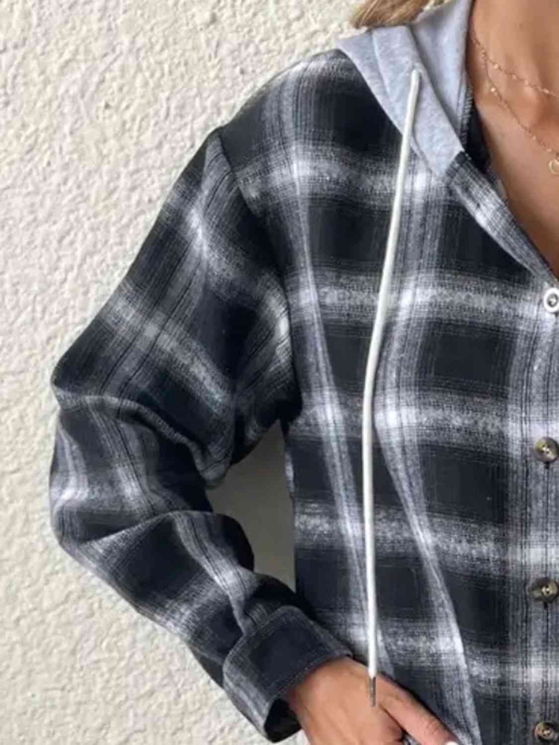 Plaid Drawstring Button Up Hooded Jacket