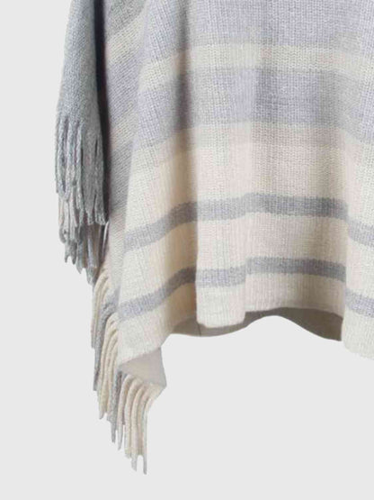 Striped Boat Neck Poncho with Fringes