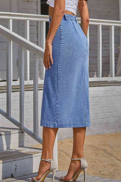 Split Buttoned Denim Skirt